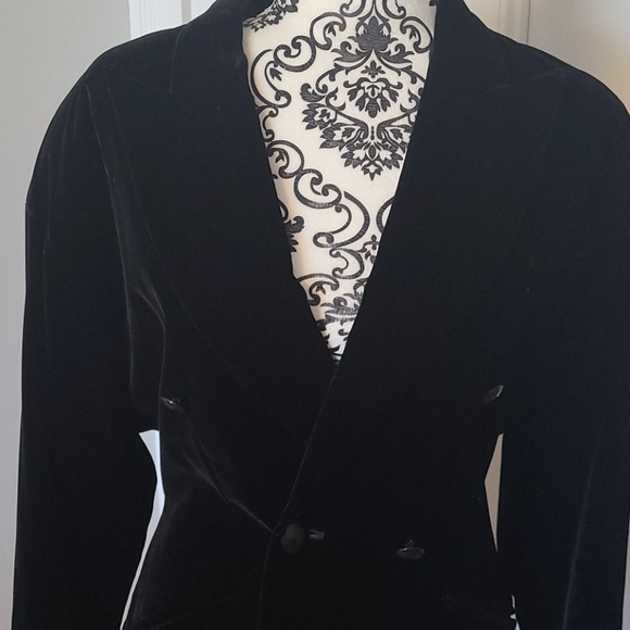 Kenar vintage 80's black velvet fitted blazer double breasted Made in Hong Kong - Picture 2 of 12